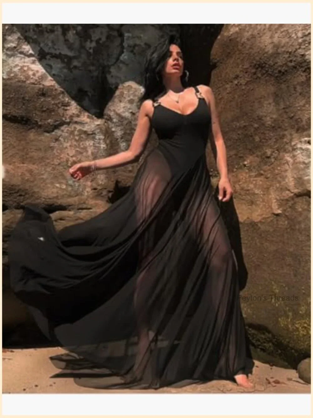 Sexy Sheer Lace Maxi Dress Mesh A-Line Long Beach Vacation - Picture 5 of 7